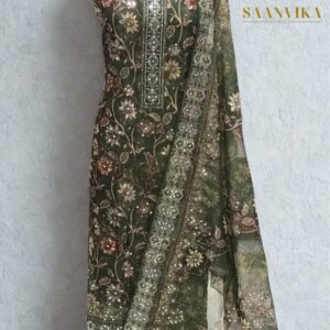 Unstitched Organza Churidhar Materials - Green
