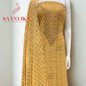 Unstitched Chikankari Party Wear Churidhar Material with Mirror Work Dupatta- Nila