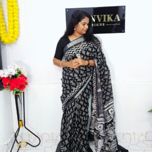 Hand block Printed Cotton Linen Saree With  Blouse Piece-Maya