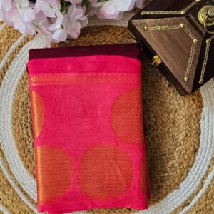 Maroon full-plain Madhurai sungudi cotton saree, contrast zari round motif big border, lining seer pallu & plain pink blouse