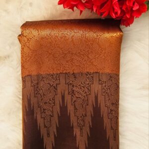 Rust orange-brown floral and bird jacquard kanchi silk saree,contrast temple border, zari-rich jaal pallu, and a jacquard blouse