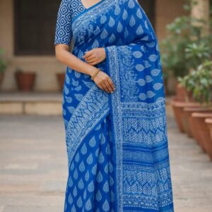 Malmal Print Cotton Saree With Printed Blouse