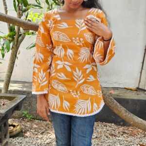 Flared Sleeve Floral Yellow Cotton Dori Kurti for Girls