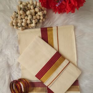 Traditional Kerala Set Mundu with Maroon and Gold Border