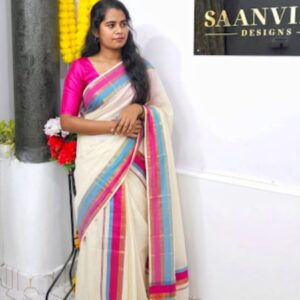 Rani and blue and Golden zari border Set mund and Tassles