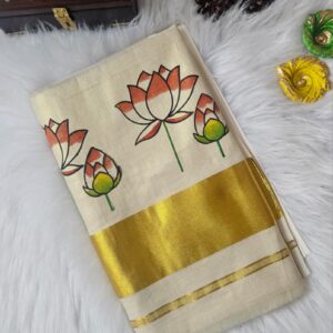 Lotus Printed Tissue Silk Kerala Set Saree